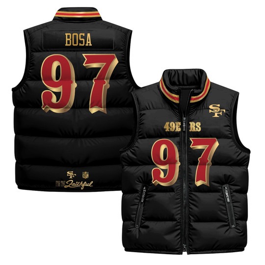 Men's San Francisco 49ers #97 Nick Bosa Black Rivalries 2025 Printed Puffer Vest