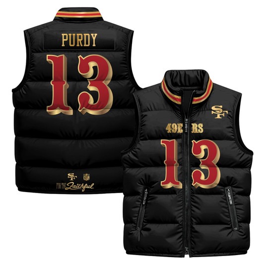 Men's San Francisco 49ers #13 Brock Purdy Black Rivalries 2025 Printed Puffer Vest