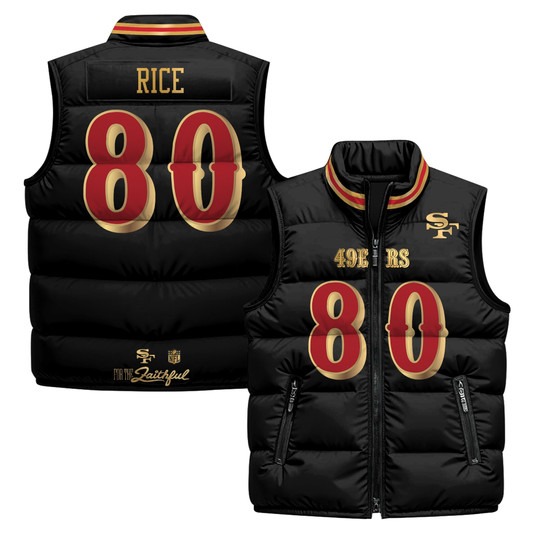 Men's San Francisco 49ers #80 Jerry Rice Black Rivalries 2025 Printed Puffer Vest