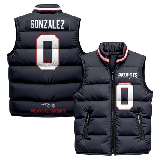 Men's New England Patriots #0 Christian Gonzalez Navy 2025 Printed Puffer Vest