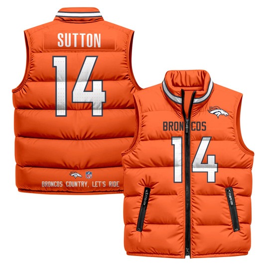 Men's Denver Broncos #14 Courtland Sutton Orange 2025 Printed Puffer Vest
