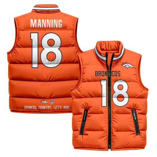 Men's Denver Broncos #18 Peyton Manning Orange 2025 Printed Puffer Vest