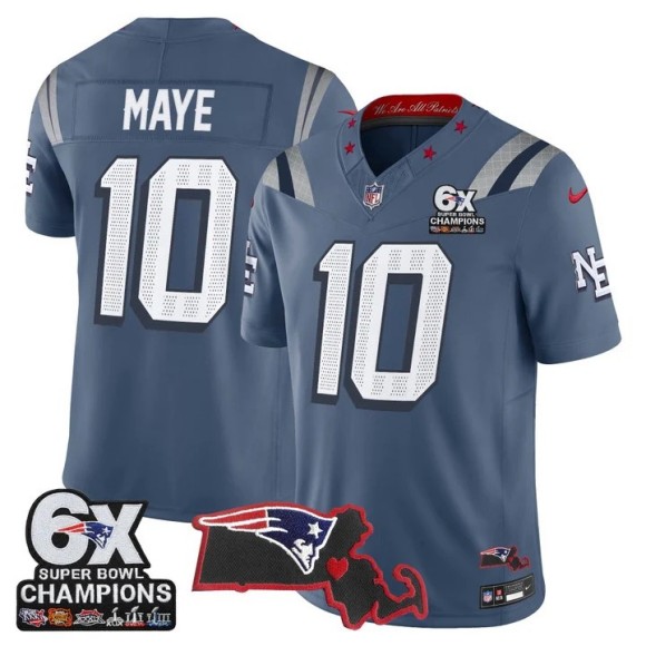 Men's New England Patriots #10 Drake Maye Rivalries F.U.S.E. 6-Time Champions & Massachusetts Patch Vapor Limited Stitched Jersey