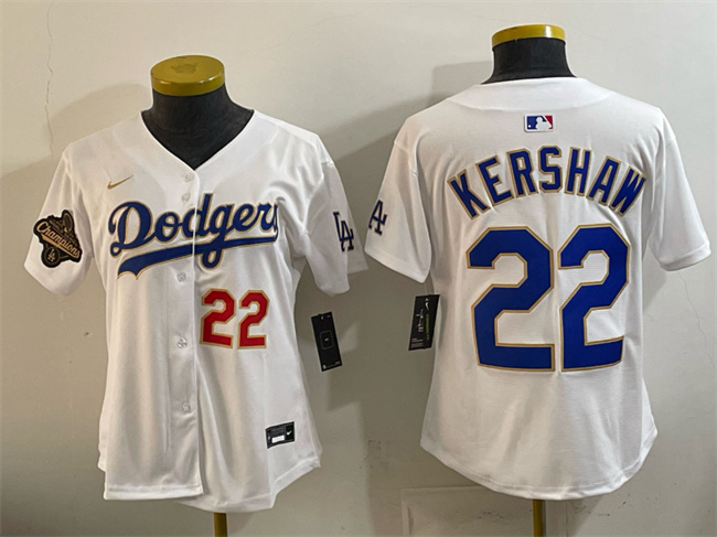 Youth Los Angeles Dodgers #22 Clayton Kershaw White 2025 World Series Champions Patch Limited Stitched Baseball Jersey