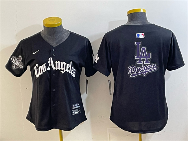 Women's Los Angeles Dodgers Team Big Logo Black 2025 World Series Champions LA Gothic Edition Limited Stitched Baseball Jersey(Run Small)