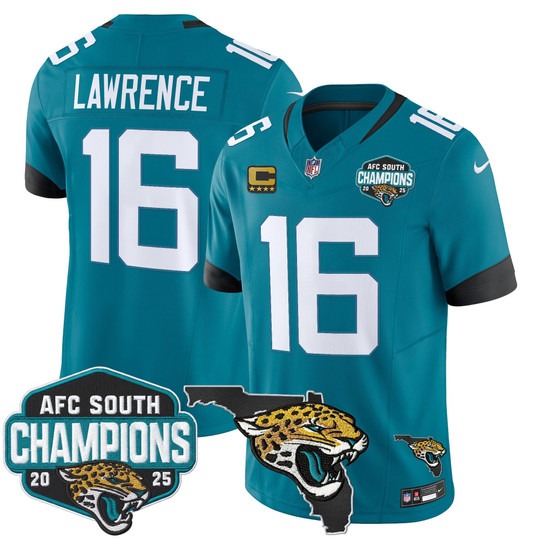 Men's Jacksonville Jaguars #16 Trevor Lawrence Teal 2025 AFC South Division Champions & Florida Patch F.U.S.E. Vapor Stitched Jersey