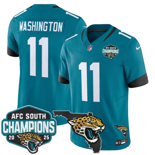 Men's Jacksonville Jaguars #11 Parker Washington Teal 2025 AFC South Division Champions & Florida Patch F.U.S.E. Vapor Stitched Jersey