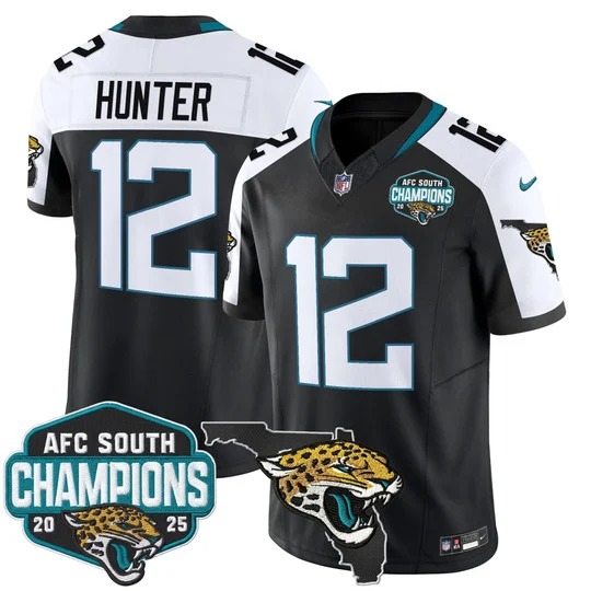 Men's Jacksonville Jaguars #12 Travis Hunter Black White 2025 AFC South Division Champions & Florida Patch F.U.S.E. Vapor Stitched Jersey