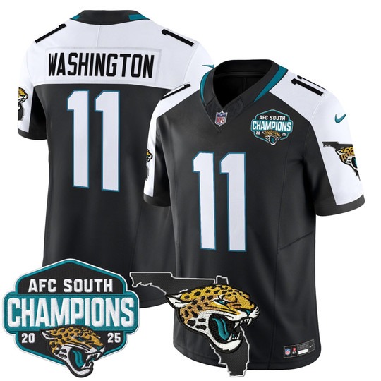 Men's Jacksonville Jaguars #11 Parker Washington Black White 2025 AFC South Division Champions & Florida Patch F.U.S.E. Vapor Stitched Jersey