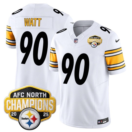 Men's Pittsburgh Steelers #90 T. J. Watt White 2025 AFC North Division Champions F.U.S.E. Vapor Limited Stitched Jersey