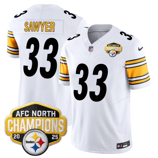 Men's Pittsburgh Steelers #33 Jack Sawyer White 2025 AFC North Division Champions F.U.S.E. Vapor Limited Stitched Jersey