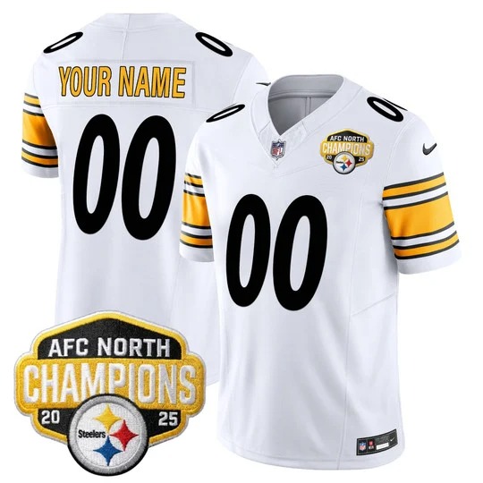 Men's Pittsburgh Steelers Custom White 2025 AFC North Division Champions F.U.S.E. Vapor Limited Stitched Jersey
