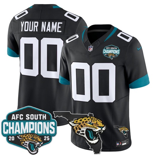 Men's Jacksonville Jaguars Custom Black 2025 AFC South Division Champions & Florida Patch F.U.S.E. Vapor Stitched Jersey