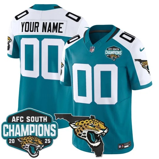 Men's Jacksonville Jaguars Custom Teal White 2025 AFC South Division Champions & Florida Patch F.U.S.E. Vapor Stitched Jersey