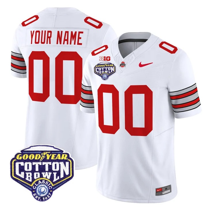 Men's Ohio State Buckeyes Custom White 'Heritage Stripe' 2025 Cotton Bowl Patch F.U.S.E. Vapor Limited Stitched Jersey