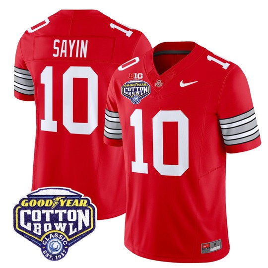 Men's Ohio State Buckeyes #10 Julian Sayin Red 'Heritage Stripe' 2025 Cotton Bowl Patch F.U.S.E. Vapor Limited Stitched Jersey