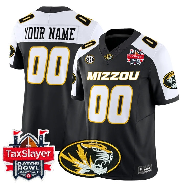 Men's Missouri Tigers Custom Black White Gator Bowl F.U.S.E. 2025 Vapor Limited Stitched Jersey