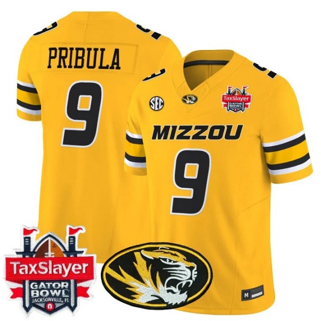 Men's Missouri Tigers #9 Beau Pribula Gold Gator Bowl F.U.S.E. 2025 Vapor Limited Stitched Jersey