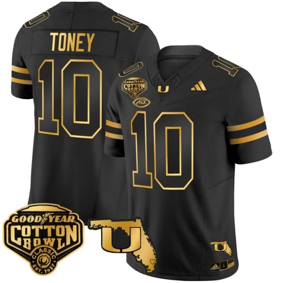 Men's Miami Hurricanes #10 Malachi Toney Black Gold 2026 Cotton Bowl & Florida Patch F.U.S.E. Vapor Limited Stitched Jersey
