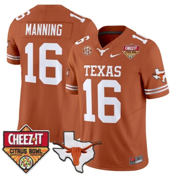 Men's Texas Longhorns #16 Arch Manning Orange 2025-26 Cheez-It Citrus Bowl Patch F.U.S.E. Vapor Limited Stitched Jersey