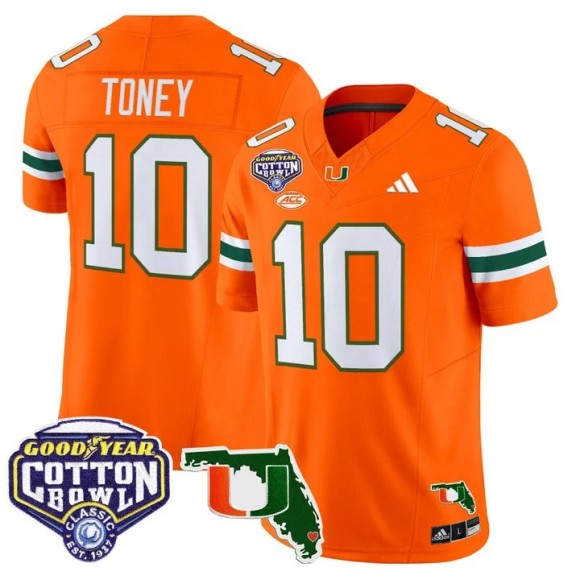 Men's Miami Hurricanes #10 Malachi Toney Orange 2025-26 Cotton Bowl & Florida Patch F.U.S.E. Vapor Limited Stitched Jersey