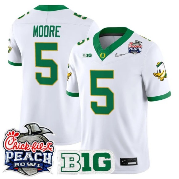 Men's Oregon Ducks #5 Dante Moore White 2026 Peach Bowl F.U.S.E. Vapor Limited Stitched Jersey
