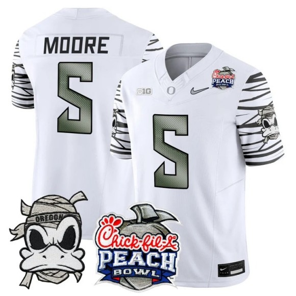 Men's Oregon Ducks #5 Dante Moore White 'Mummy Duck' 2026 Peach Bowl Patch F.U.S.E. Vapor Limited Stitched Jersey