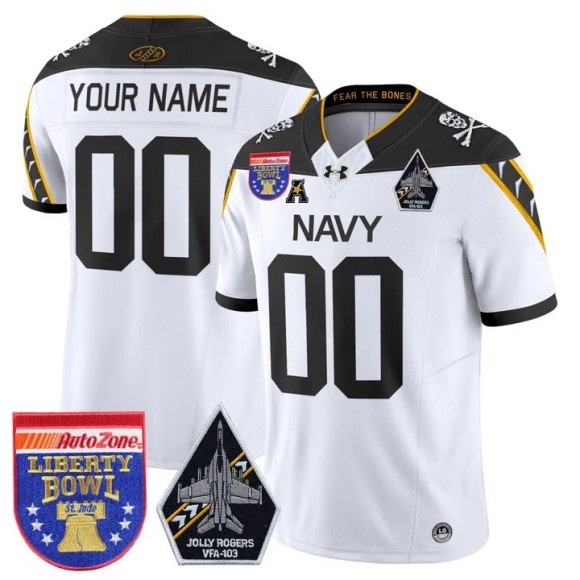 Men's Navy Midshipmen Custom White 'Jolly Rogers Edition' 2026 Liberty Bowl Patch F.U.S.E. Vapor Limited Stitched Jersey