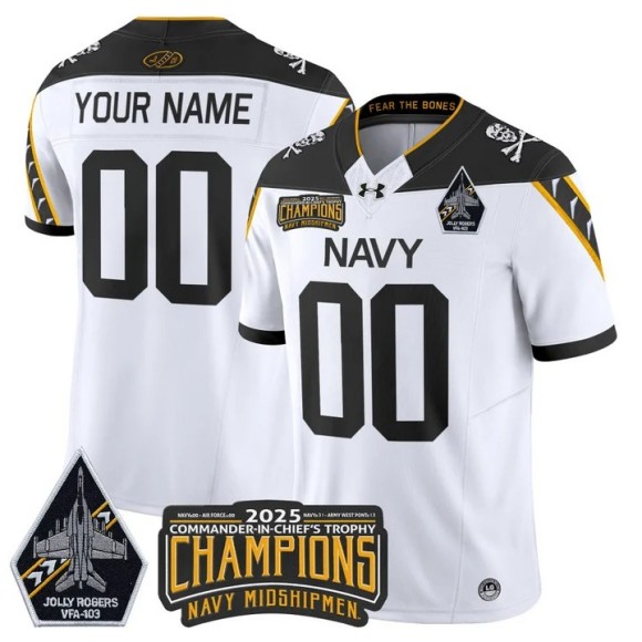 Men's Navy Midshipmen Custom White Jolly Rogers 2025 Commander-In-Chief's Trophy Champions F.U.S.E. Vapor Limited Stitched Jersey
