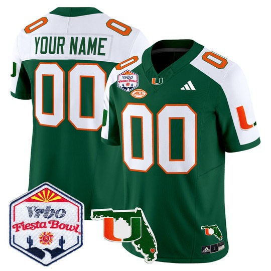 Men's Miami Hurricanes Custom Green Alternate 2026 The Fiesta Bowl & Florida Patch F.U.S.E. Vapor Limited Stitched Jersey