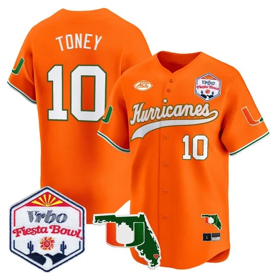 Men's Miami Hurricanes #10 Malachi Toney Orange 2026 The Fiesta Bowl & Florida Patch Limited Stitched Baseball Jersey