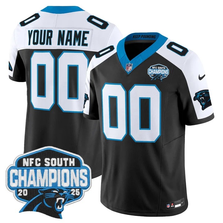 Men's Carolina Panthers Custom  Black White 2025 NFC South Division Champions F.U.S.E. Vapor Limited Stitched Jersey