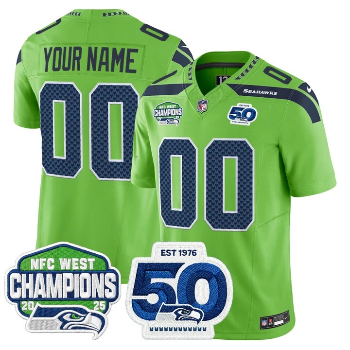 Men's Seattle Seahawks Custom Green 2025 NFC West Division Champions & 50th Anniversary Patch F.U.S.E. Vapor Limited Stitched Jersey