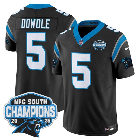 Men's Carolina Panthers #5 Rico Dowdle Black 2025 NFC South Division Champions F.U.S.E. Vapor Limited Stitched Jersey