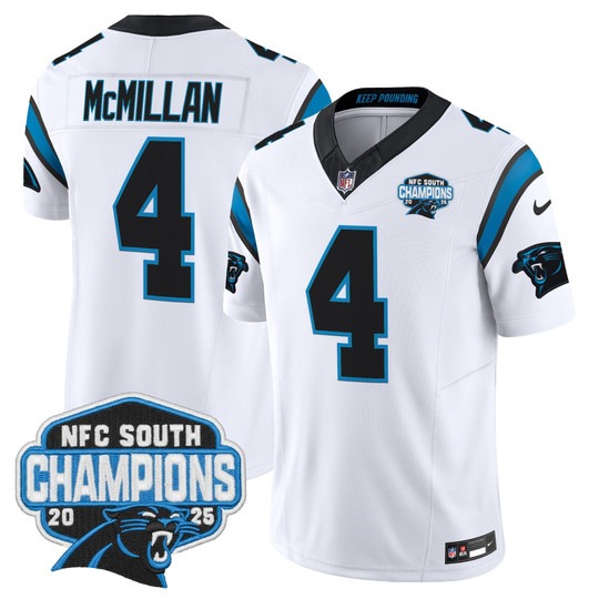 Men's Carolina Panthers #4 Tetairoa McMillan White 2025 NFC South Division Champions F.U.S.E. Vapor Limited Stitched Jersey