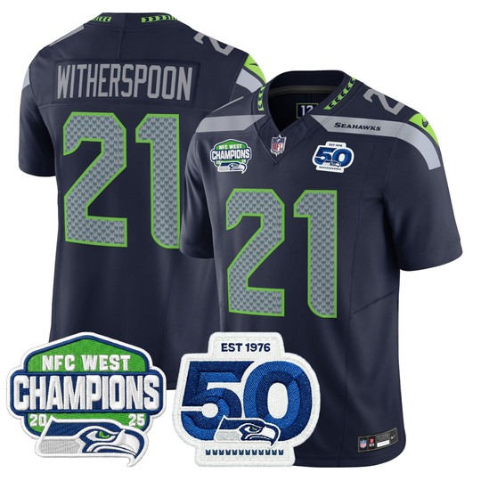 Men's Seattle Seahawks #21 Devon Witherspoon Navy 2025 NFC West Division Champions & 50th Anniversary Patch F.U.S.E. Vapor Limited Stitched Jersey