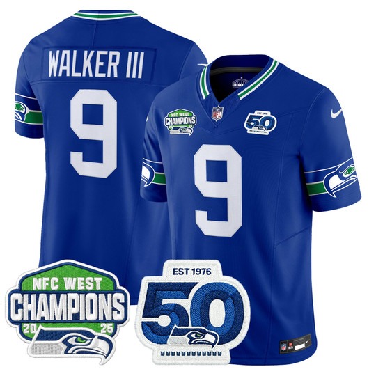 Men's Seattle Seahawks #9 Kenneth Walker III Royal 2025 NFC West Division Champions & 50th Anniversary Patch F.U.S.E. Vapor Limited Stitched Jersey