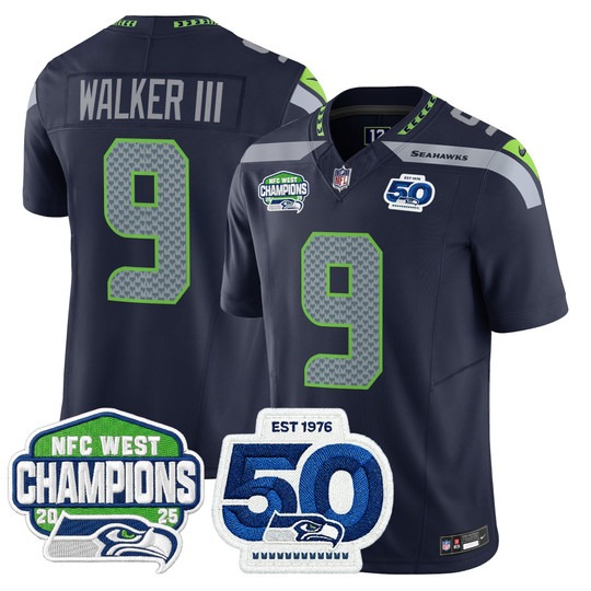 Men's Seattle Seahawks #9 Kenneth Walker III Navy 2025 NFC West Division Champions & 50th Anniversary Patch F.U.S.E. Vapor Limited Stitched Jersey