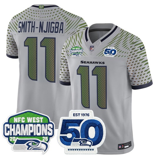Men's Seattle Seahawks #11 Jaxon Smith-Njigba Grey Rivalries 2025 NFC West Division Champions & 50th Anniversary Patch F.U.S.E. Vapor Limited Stitched Jersey