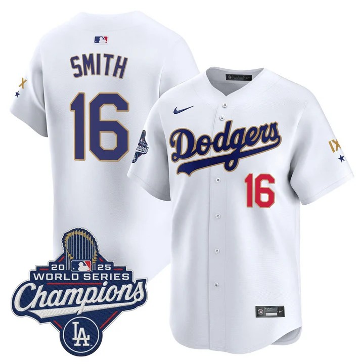Men's Los Angeles Dodgers #16 Will Smith White IX 9-Time 2025 World Series Champions Gold Trim Limited Stitched Jersey