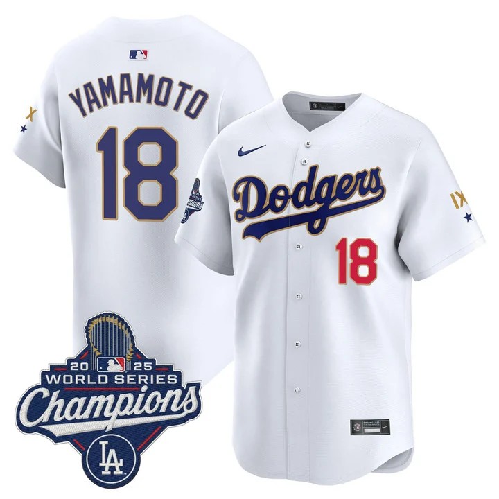 Men's Los Angeles Dodgers #18 Yamamoto White IX 9-Time 2025 World Series Champions Gold Trim Limited Stitched Jersey