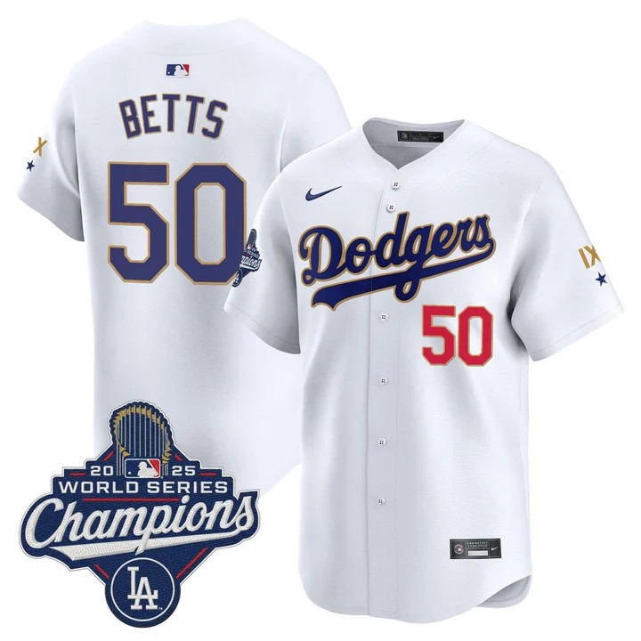 Men's Los Angeles Dodgers #50 Mookie Betts White IX 9-Time 2025 World Series Champions Gold Trim Limited Stitched Jersey