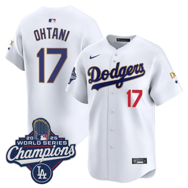 Men's Los Angeles Dodgers #17 Shohei Ohtani White IX 9-Time 2025 World Series Champions Gold Trim Limited Stitched Jersey