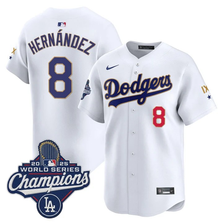 Men's Los Angeles Dodgers #8 Enrique Hernandez White IX 9-Time 2025 World Series Champions Gold Trim Limited Stitched Jersey