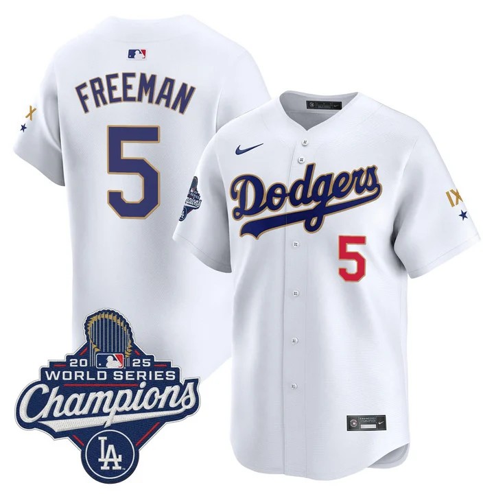 Men's Los Angeles Dodgers #5 Freddie Freeman White IX 9-Time 2025 World Series Champions Gold Trim Limited Stitched Jersey