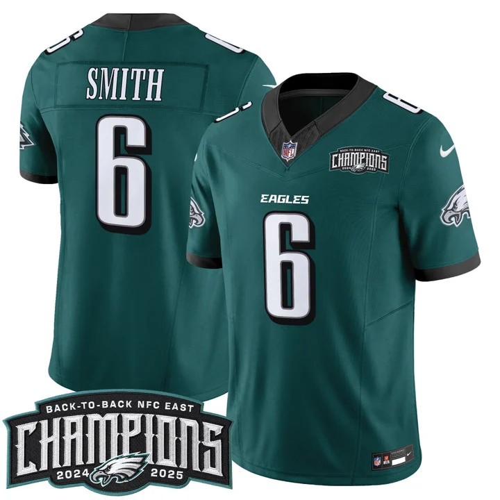 Men's Philadelphia Eagles #6 DeVonta Smith Midnight Green Back-To-Back 2024-2025 NFC East Division Champions F.U.S.E. Vapor Limited Stitched Jersey