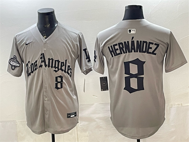 Men's Los Angeles Dodgers #8 Enrique Hernandez Grey LA Gothic Style With 2025 World Series Champions Patch Limited Stitched Baseball Jersey