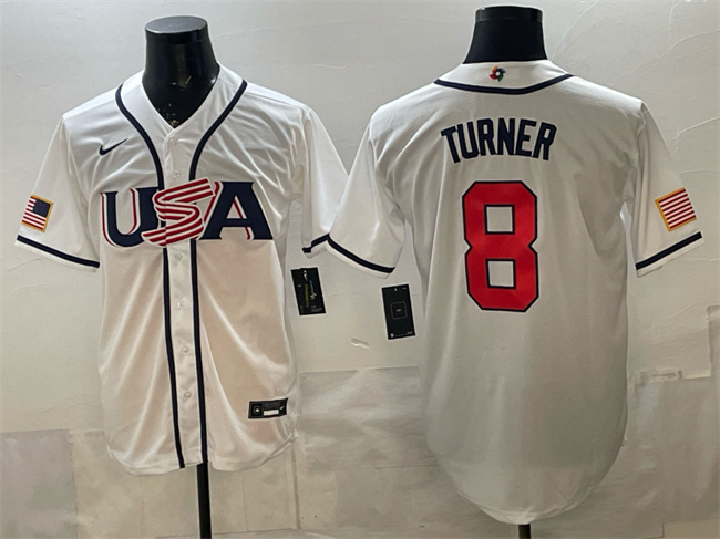 Men's USA Baseball #8 Trea Turner White 2026 World Baseball Classic Home Stadium Stitched Jersey