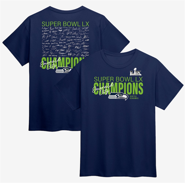 Men's Seattle Seahawks College Navy Super Bowl LX Champions Autograph Signing Roster T-Shirt