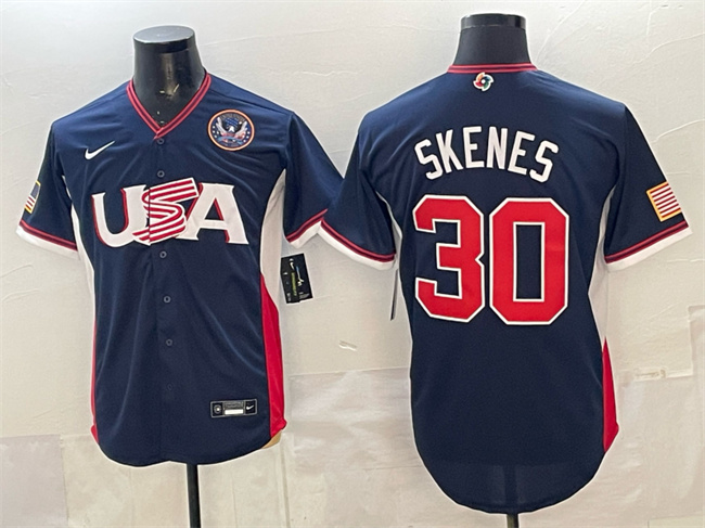 Men's USA Baseball #30 Paul Skenes Navy 2026 World Baseball Classic United States 250th Anniversary Patch Road Stadium Stitched Jersey